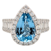 18K White Gold Pear Shape Aquamarine & Baguette Diamond Ring